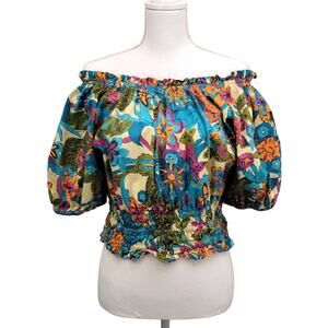 Jennifer & Grace Top Women's Large Floral Crop Off Shoulder Tropical Carnival